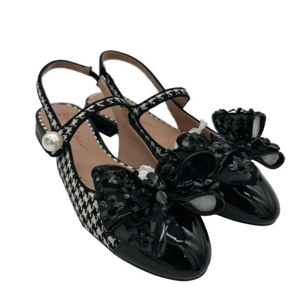 New Betsey Johnson Livy Flats Women's Size 7 Black White Houndstooth Pearl Bow